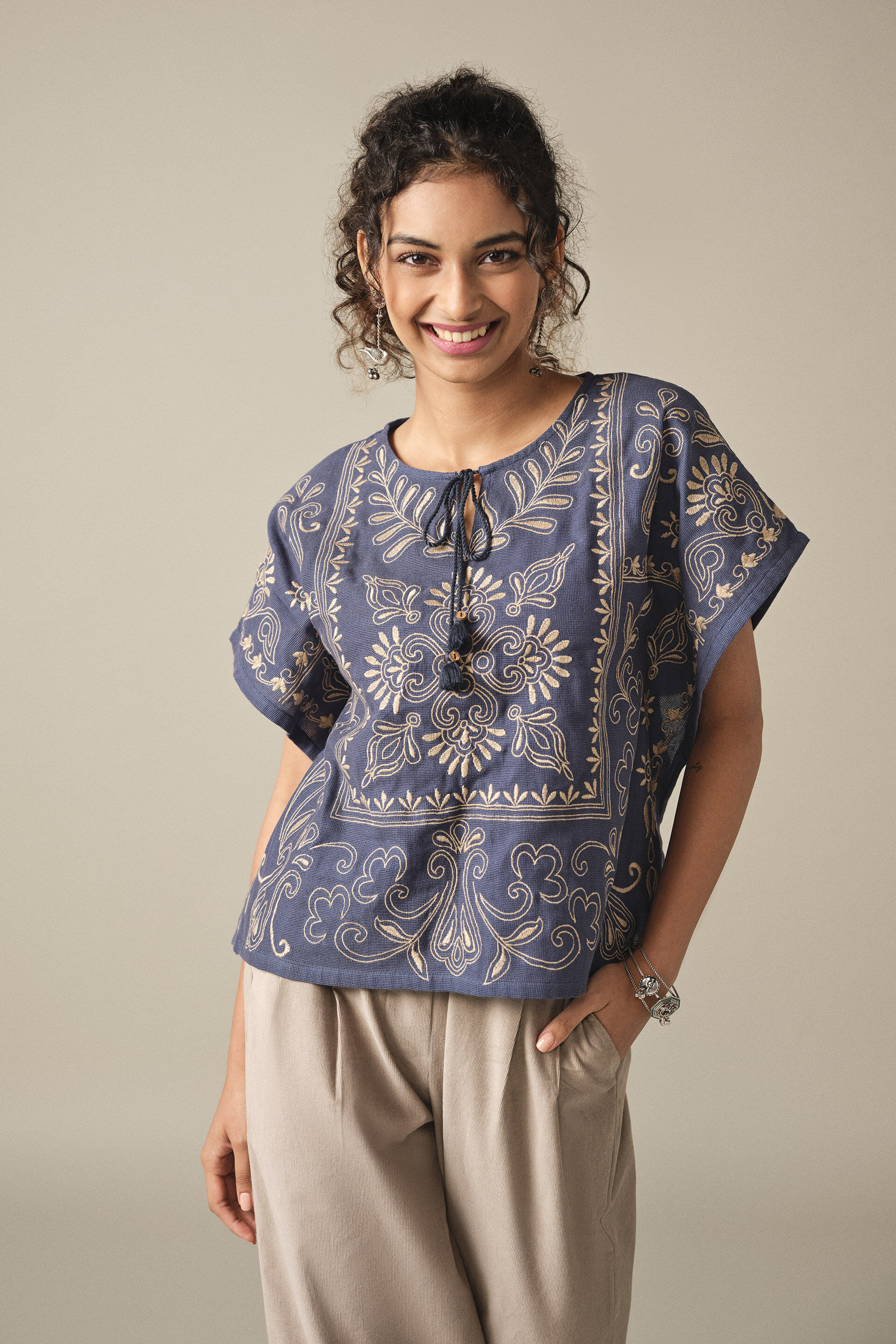 Embroidered Boxy Cotton Top in Indigo